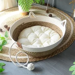 IntiMeg Katzennest – Handgefertigter Rattankorb mit Baumwollkissen