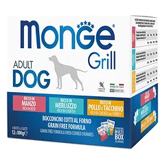 Monge Grill Adult Chunkies Multipack Chicken & Turkey, Beef, Codfish paštetų rinkinys šunims