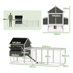 Medinė vištidė su aptvaru, lizdais, asfaltiniu stogu ir ištraukiamu padėklu, 4–6 vištoms, 347 x 160 x 150 cm, tamsiai pilka — 3 nuotrauka