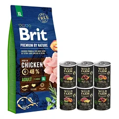 BRIT Premium By Nature Adult XL 15kg + WILD FARM Monoprotein hipoalerginis šunų maistas –  skonių rinkinys 6x400g