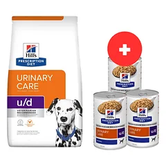 HILL'S Prescription Diet Canine U/D Urinary Care 10 kg šunims su jautriu šlapimo taku + 3 x 370 g šunų ėdalo NEMOKAMAI