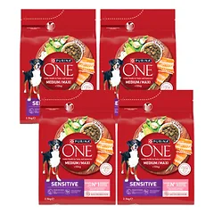 PURINA ONE Sensitive Medium/Maxi suaugusių šunų maistas, turtingas lašiša ir ryžiais, 4x2,5 kg