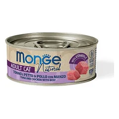 MONGE Natural konservuotas pašaras su tunu, vištiena ir jautiena, suaugusioms katėms, 80 g