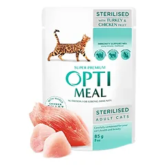 Optimeal™ VISAVERTIS KONSERVUOTAS ĖDALAS STERILIZUOTOMS KATĖMS IR KASTRUOTIEMS KATINAMS SU KALAKUTIENA IR VIŠTIENOS FILĖ PADAŽE 0,85g.