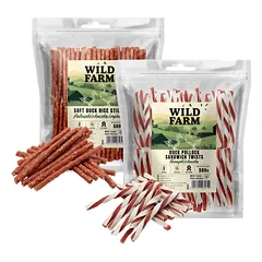 WILD FARM ančių sumuštinis 500g + ančių ir ryžių lazdelės 500g skanėstai šunims