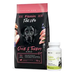 FITMIN dog For Life Duck & Turkey 12 kg + LAB-V Calm Support - streso ir elgesio sutrikimų simptomų palaikymas 45 kapsulės