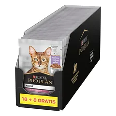 PRO PLAN Nutrisavour Delicate kačių ėdalas su lašišos gabaliukais padaže, 26 x 85 g (18 + 8 nemokamai)