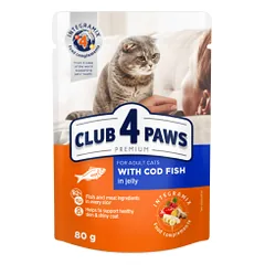 CLUB 4 PAWS Premium Visavertis konservuotas ėdalas suaugusioms katėms su menke drebučiuose, 80 g