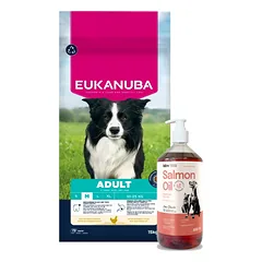 EUKANUBA Active Adult vidutinio dydžio veislėms, su vištiena, 12 kg + LAB V Lašišų aliejus šunims ir katėms 1000ml