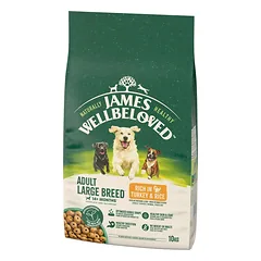 JAMES WELLBELOVED Adult 10 kg visavertis sausas ėdalas suaugusiems didelių veislių šunims nuo 14 mėn. iki 10 metų, kuriame gausu kalakutienos ir ryžių