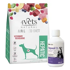 DOLINA NOTECI 4Vets Natural Hepatic sausas pašaras šunims, sergantiems kepenų ligomis, 1kg + Lab-v Hepasil Dog & Cat preparatas šunų ir kačių kepenų veiklai gerinti 250 ml