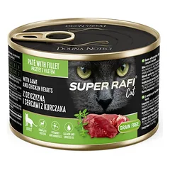 SUPER RAFI Cat su laukine mėsa ir vištienos širdelėmis 185g drėgnas maistas katėms