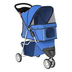 Sulankstomas vežimėlis šunims ir katėms iki 10 kg, su krepšiu, pagalvėle ir tinkleliais, 77x44x102 cm, mėlynas su pilka