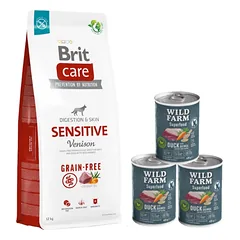 BRIT CARE Grain-free Sensitive Venison 12kg + Wild Farm Superfood Duck 3x400 g pašaro šunims be grūdų
