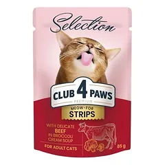 CLUB 4 PAWS Premium Selection visavertis konservuotas ėdalas suaugusioms katėms, juostelės su jautiena brokolių kreminėje sriuboje 85g.x12vnt.