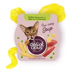 Delickcious tuno sriuba katėms su kukurūzais ir žirneliais, 80g