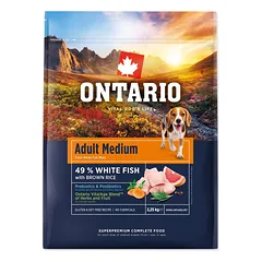 Ontario Adult Medium su baltąja žuvimi ir rudaisiais ryžiais, sausas maistas šunims 2,25 kg parduotuvėje sunu.lt