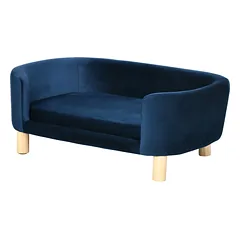 Sofa šunims ir katėms su atlošu ir porankiais, aksominė, su medinėmis kojelėmis, iki 10 kg, 86x55x33 cm, tamsiai mėlyna