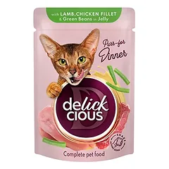 Delickcious konservai katėms su ėriena, vištiena ir šparaginėmis pupelėmis drebučiuose, 85 g photo