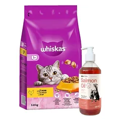 WHISKAS Adult 3,8 kg - sausas ėdalas suaugusioms katėms su gardžia vištiena + LAB V Lašišų aliejus šunims ir katėms 500ml
