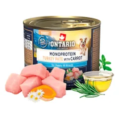 Ontario vieno baltymo konservai jauniems šuniukams su kalakutiena ir morkomis, 200 g