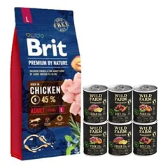 BRIT Premium By Nature Adult L 15kg + WILD FARM Monoprotein hipoalerginis šunų maistas –  skonių rinkinys 6x400g