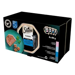 SHEBA Classics Žuvies skonio 8x85 g terine su lašiša, balta žuvimi ir morkomis, tunu ir daržovėmis, menke