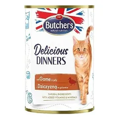 Butchers Cat Delicious Dinners gabaliukai drebučiuose su žvėriena, drėgnas maistas katėms 400 g