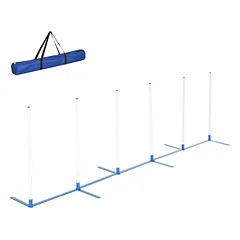Agility slalomo rinkinys šunims, 6 sulankstomi stulpeliai, su nešiojimo krepšiu, šunų dresūrai ir žaidimams, 305 x 60 x 94 cm, baltas ir mėlynas