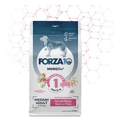 Forza10 Medium Mono DIET Kiauliena ir bulvės sausas maistas vidutinio dydžio suaugusiems šunims su kiauliena ir bulvėmis, 1.5 kg