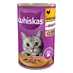 WHISKAS Adult skardinė 400 g - visavertis drėgnas ėdalas suaugusioms katėms, vištienos gabalėliai drebučiuose