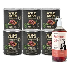 WILD FARM Monoprotein Beef 6x800g hipoalerginis maistas šunims + LAB V Lašišų aliejus šunims ir katėms 1000ml