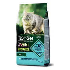Monge BWILD CAT Grain Free ADULT Cod Fish With Potatoes And Lentils be grūdų sausas maistas suaugusioms katėms su menke, bulvėmis ir lęšiais, 1,5 kg