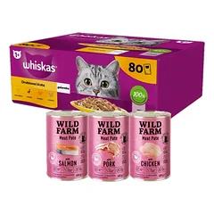 WHISKAS Adult paketėlis 80 x 85 g Paukštienos gabalėlis - drėgnas maistas suaugusioms katėms drebučiuose (gabalėliai su: vištiena, antiena, paukštiena, kalakutiena) + WILD FARM Paštetas 3x400g