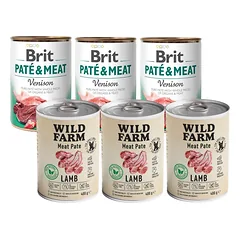 Wild Farm Pate Lamb 3x400g ėrienos ėdalas šunims be glitimo + BRIT PATE & MEAT VENISON 3x400g