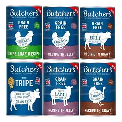 BUTCHER'S Original Mixed Flavours 400g padaže (jautiena, kalakutiena) želė (vištiena, ėriena) paštete (rūkyta, vištiena ir rūkyta)