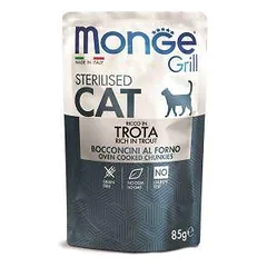 Monge Grill Cat Pouches drėgnas maistas sterilizuotoms katėms su upėtakiu, 85 g