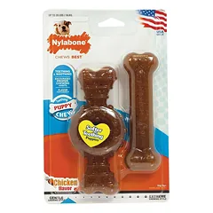 Nylabone Puppy & Ring Chicken Twin Pack - minkšti kramtomi žaislai šuniukams, pagardinti vištiena