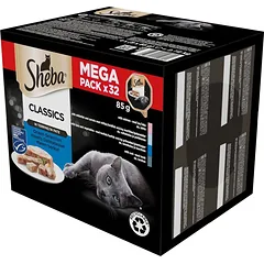 SHEBA Classic paštete "Ocean Selection" žuvies skonių mišinys pašteto pavidalu Baltoji žuvis, menkė, lašiša ir tunas 32x85g