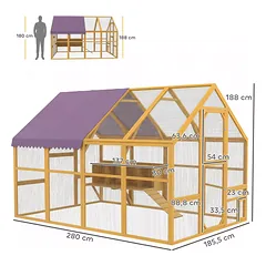 Vištidė iš medžio su aptvaru, saugos užraktu, durimis, 4 lizdinėmis dėžutėmis, skirta 8–12 vištų, apie 2,8 x 1,8 x 1,9 m, geltona — 3 nuotrauka
