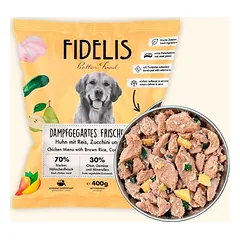 FIDELIS šaldytas BARF maistas šunims su vištiena, ryžiais, cukinijomis ir mangais (400 g)