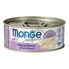 Monge Supreme Sterilised tuno gabaliukai su jūrų ešeriu, drėgnas maistas katėms 80 g