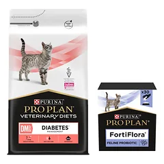 PURINA Veterinary PVD DM Diabetes Management Cat 5kg + PURINA PVD FortiFlora Cat 30 paketėlių