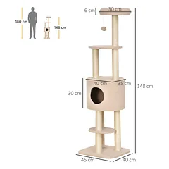 Kačių draskyklė su slėptuve ir žaisliniu kamuoliuku, smėlio spalvos, 148 cm — 3 nuotrauka
