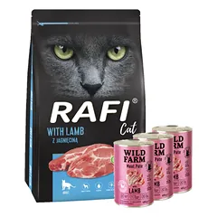 DOLINA NOTECI Rafi Cat sausas kačių maistas su ėriena 7 kg + WILD FARM Paštetas su ėriena 3x400g - ėdalas katėms be glitimo