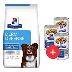 HILL'S Prescription Diet Canine Derm Defense 12 kg alergiškiems šunims + 3 skardinės NEMOKAMAI