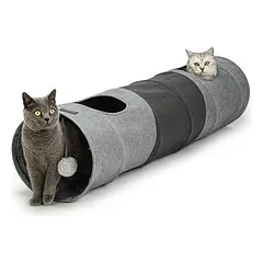 lionto Katzentunnel aus Faux-Linen mit Spielball, faltbar und erweiterbar