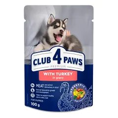 CLUB 4 PAWS Premium Visavertis konservuotas ėdalas su kalakutiena padaže šuniukams, 100 g