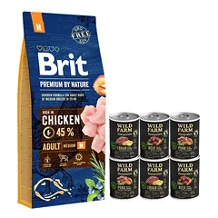 BRIT Premium By Nature Adult M 15kg + WILD FARM Monoprotein hipoalerginis šunų maistas –  skonių rinkinys 6x400g 