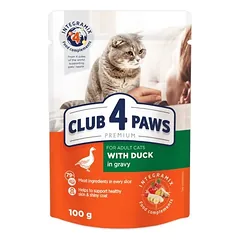 CLUB 4 PAWS Premium visavertis konservuotas maistas suaugusioms katėms su antiena padaže 80g.x24vnt.
